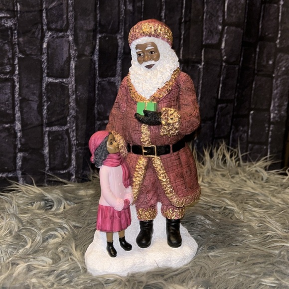 Ebony Treasures African American Santa in Red Coat w/ Gold Trim w/ Girl 10.5" H - Picture 2 of 10
